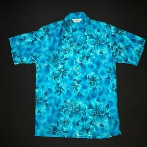 VTG 50s Paradise Hawaii Aloha Shirt Men Medium Blue Floral Honolulu Metal Button